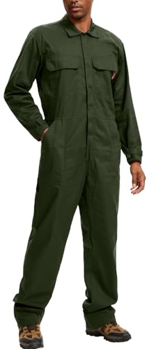 WORK IDEA Men's Coveralls Long Sleeve 100% Cotton Twill Workwear Jumpsuit Relaxed Fit, Army Green, L