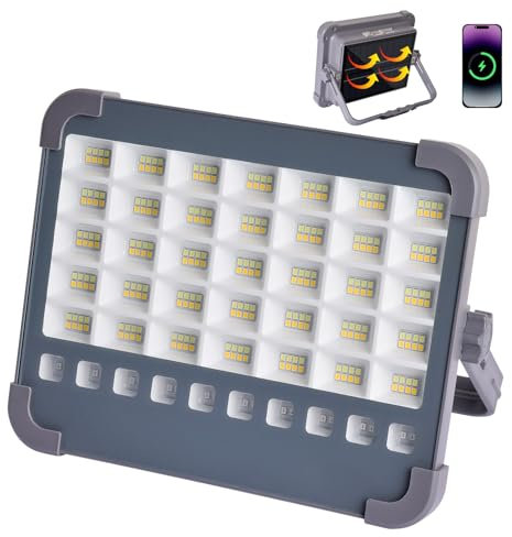 MASMEJOR Projecteur LED Rechargeable 100W, 10000LM Projecteur de Chantier avec Panneau Solaire, 5 Modes d'éclairage, Lampe de Travail Idéal pour Camping, Chantier, Garage, Pêche, Jardin
