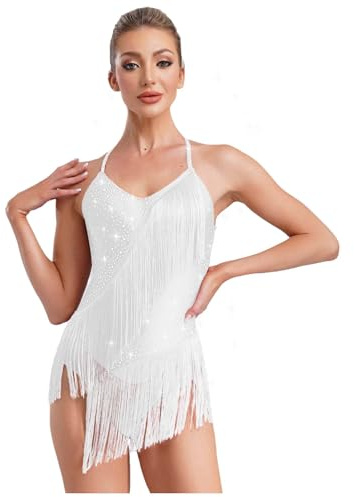 Alvivi Maillot con Flecos Gimnasia Rítmica con Pedrería Brillante Vestido de Baile Patinaje sobre Hielo Competición Body de Baile Latino Salsa para Mujer