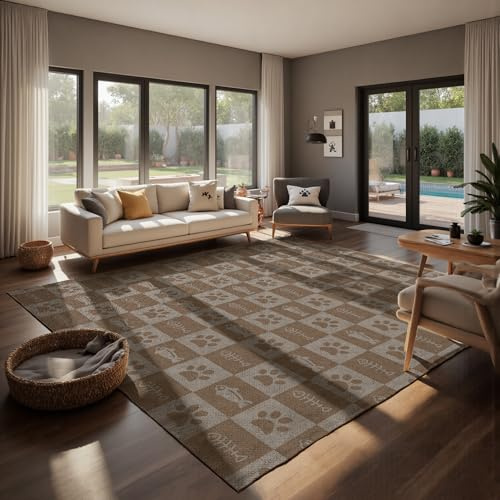 Jute Woven Checkered Area Rug 8x10 FT, Beige Pet & Cat Proof Jute Indoor Outdoor Natural Carpet, Scratch-Resistant Cat Paw Plaid Design with Fish Motifs Print, Non-Slip for Living Room Bedroom