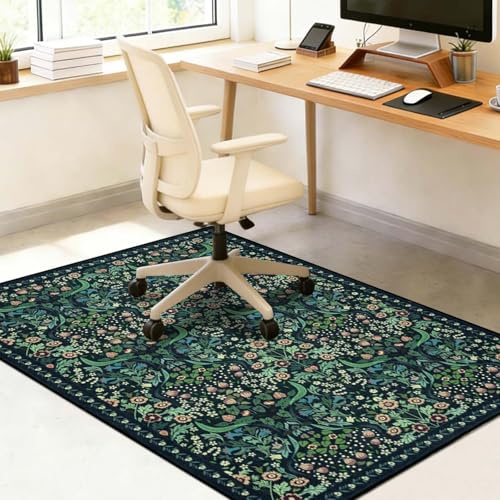 Famibay Protector Suelo Silla Ruedas 90x120cm Alfombra Silla Escritorio Antideslizante Alfombra Protectora Suelo para Silla de Oficina Lavable para Suelo Duro Baldosas Verde Oscuro Floral