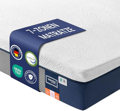 VASAGLE madrass, 90 x 200 cm, enkelmadrass av gel-minnesskum, medelfast, H3, 7-zonsstöd, andas, avtagbart, maskintvättbart överdrag, 20 cm tjock, blå RMZ122QZ01