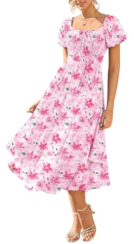 GRACE KARIN Robe d'été pour femme - Col carré - Smocké - Robe florale | Robes d'été pour invitées de mariage pour femmes, robes longues décontractées et élégantes à manches bouffantes avec poches