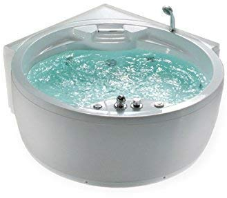 Whirlpool Badewanne Florenz – rund für Eckmontage – 14 Massagedüsen, Heizung, Ozon, LED & Radio – mit Armaturen – 181x150 cm – für 2 Personen