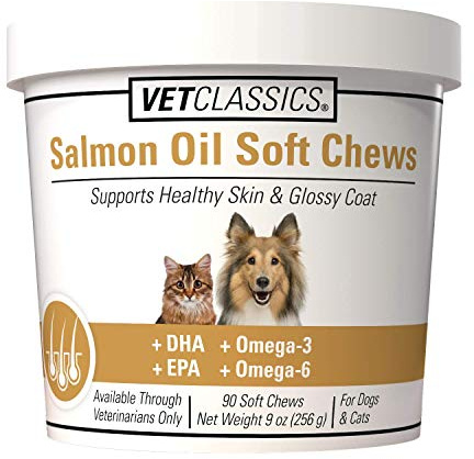 Vet Classics Salmon Oil Pet Supplement for Healthy Skin, Glossy Coats – Dog Coat Supplement, Cat Skin Supplement – Includes Omega-3, 6, 9, Source of DHA, EPA – Soft Chews 90 Ct.