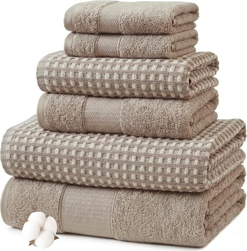 Modern Threads 6 Piece Bath Towel Set – Bathroom Towel Set with 2 Bath Towels, 2 Hand Towels & 2 Washcloths – 100% Cotton, Soft & Absorbent – Waffle (Classic Taupe)