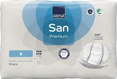 ABENA San 6 Premium Inkontinenzeinlagen 34 Stück für Damen und Herren, 1600 ml Saugfähigkeit, schnell einziehende Inkontinenzprodukte, diskrete und anatomische Inkontinenzeinlagen für Männer/Frauen