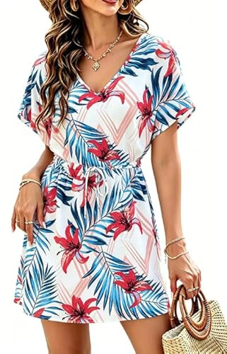 Robe de Plage pour Femme V-Cou Bikini Mousseline de Soie D'été Casual Tunique à Découpes Bikini Cover Up Casual Voyage,Bleu
