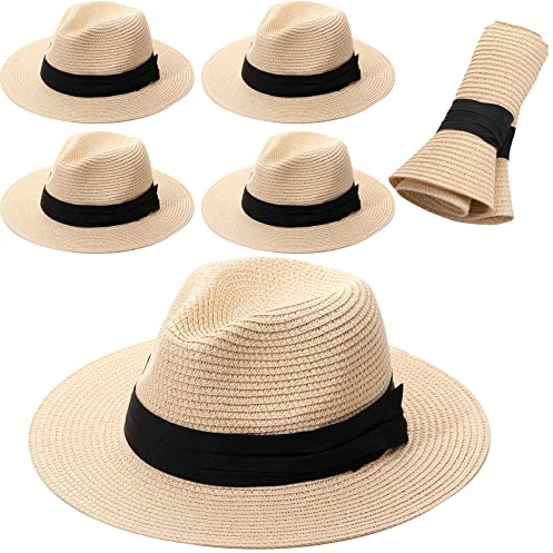 SEEWEY 6 Pcs Panama Straw Hats for Men and Women Foldable Wide Brim Bride Hats Summer Sun Protection for UV Protection (Beige)