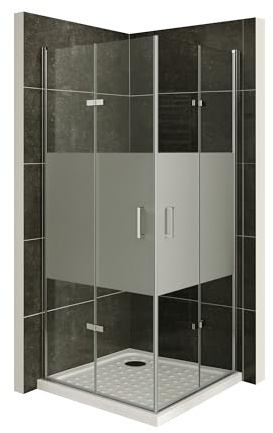 Mampara de Ducha Matilde | 100x80x190cm | NO REVERSIBLE | Puerta plegable | Ajuste 98,9-100,4 x 78,9-80,4cm | Perfiles Cromados, Cristal parcial satinado de 6 mm - Moments of Glass