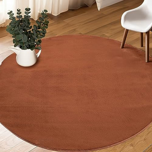 payé Teppich Wohnzimmer Hochflor Terracotta - 120x120cm - Rund Super Soft Kuschelweich Flauschig Modern Einfarbig Modern Weicher Schlafzimmerteppich