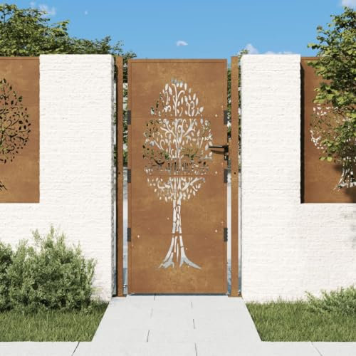 Homgoday Garden Gate, Metal Gate, Garden Door, Fence Door, Fence Gate, Entrance Gate, Yard Gate, Single Gate, Double Gate, Garden Fence, Gate, 105 x 180 cm, Corten Steel, Tree Design