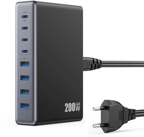 200W Cargador USB C Multiple, 8-in-1 GAN III Cargador Carga Rápida PPS QC4.0 PD 65W Cargador de Portátil, Universal USB C Charger para MacBook Pro/Air, iPhone 16/15/14/13 Pro MAX,Samsung Galaxy etc.