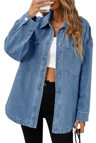 Tankaneo Womens Oversized Denim Shirt Jacket Button Down Long Sleeve Fall Casual Jean Shackets Blue