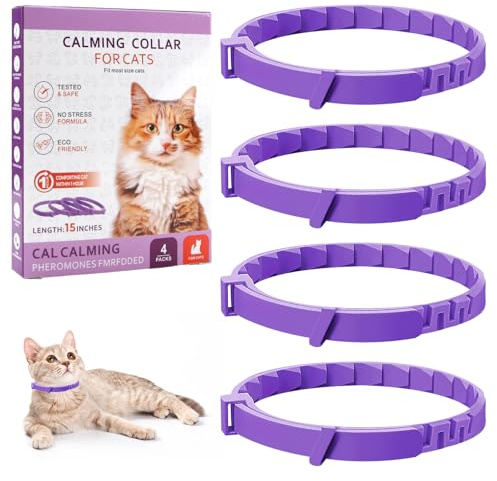 Beruhigendes Halsband für Katzen, 4-teilig, Anti-Stress, natürlich, mit Pheromonen, Farbe Violett, Größe verstellbar und 30 Tage Effekt, für Kätzchen und erwachsene Katzen