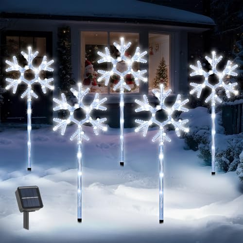 Glowlit Snowflake Path Lights 5 PCS Outdoor Christmas Snowflake Decorations Solar Christmas Pathway Lights with 8 Lighting Modes IP65 Waterproof for Courtyard, Grassland
