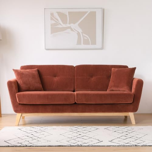 CONCEPT USINE | Canapé 3 Places HOGA Terracotta | Style Scandinave | Velours Côtelé Déhoussable | Assise Confortable Rembourrée | Pieds Obliques Bois | Design Tendance et Chaleureux