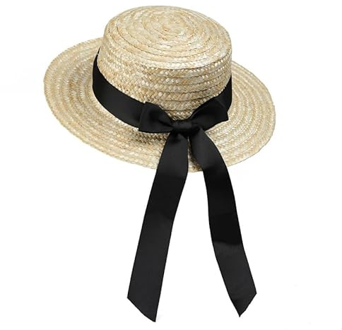 ZCJ Sombrero de paja para mujer, paja de trigo con lazo decorativo, sombrero para el sol con protección UV 50+ para playa, vacaciones y verano, Negro , 56-58