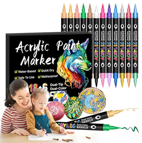 Paint Markers - Double Headed Art Marker, Pen Set Buildable Colorful Quick Dry Ink for Painting Doodling Fiber Tips with Smooth Flow Art Supplies with Tip Design for Drawing Craft Projects