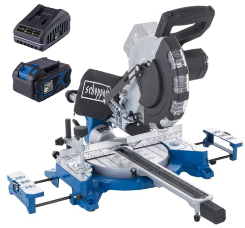 Scheppach Scie à onglet radiale BC-HM216-X - 1 bat. 4Ah + chargeur inclus | sans fil - Série 20V-IXES - Largeur/hauteur de coupe 340 & 65 mm - Lame de scie 210mm - Onglet 45 à -45°