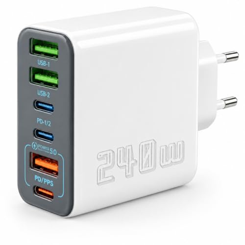 Cargador USB C 240W 6 Puertos, Cargador Multiple con 3 USB-C y 3 USB-A