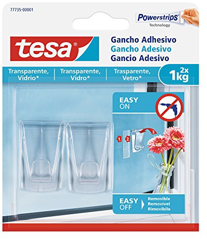 tesa Gancho Adhesivo para Superficies Transparentes y Vidrio 1 kg, Ganchos Colgantes Invisibles, Soporta hasta 1 kg por Gancho, Paquete con 2 Piezas, Incluye 4 Tiras Adhesivas