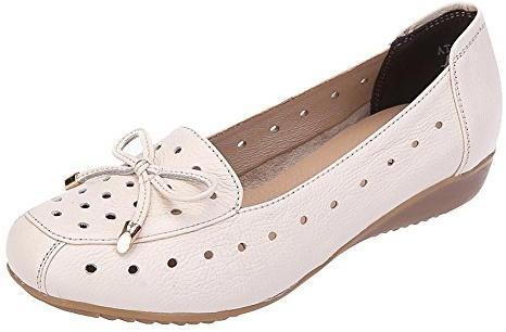 Jamron Kvinnor Äkta Läder Komfort Skor Mjuk Sula Ballerinor Låg Kilklack Tofflor Ihålig Beige SN020628-2 EU36