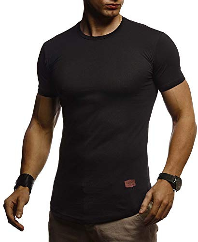 Leif Nelson sommar-t-shirt för män med rund hals, smal passform, med bomull-andel, cool vit/svart, basic, crew neck, pojkar, kortärmad, tröja, O-hals, kortärmad ärm, topp, lång, LN8294, svart, XL