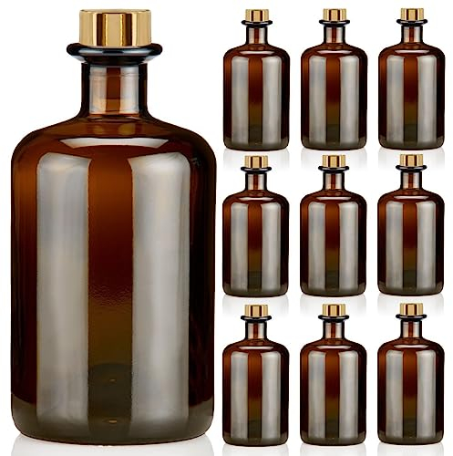 Geniess-Bar! 9x Apothekerflaschen 500ml braun elegante Braunglas Flaschen schwarz antik 0,5L leer PE Korken Gold Glasflaschen für Öl, Gin, Kräuter Schnaps od. als Geschenk