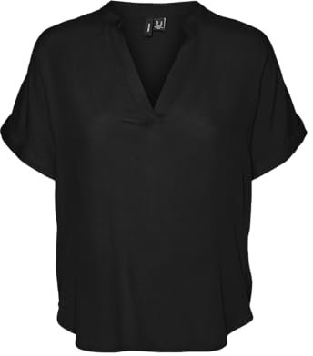 VERO MODA Damen Top Casual Splitneck umgeschlagene Ärmelbündchen Bluse Kurzarm, Farben:Schwarz, Größe:M