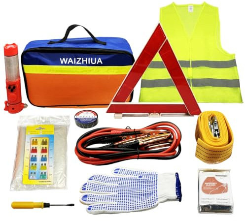 Car Breakdown Emergency Kit - 12Pcs UK Europe Auto Roadside Assistance Set, Includes Warning Triangle, Jump Leads, Tow Rope, Safety Hammer, Reflective Vest, Raincoat, Gloves, PVC Tape, Storage Bag