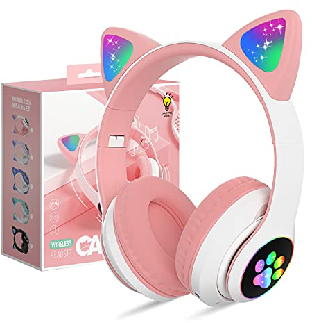 OHAANYY Auriculares para Niños Inalámbricos con Luz LED, Auriculares de Diademacon Orejas de Gato para Niñas, Bluetooth Plegables Auriculare con Micrófono para TV Regalo para Cumpleaños/Navidad (4)