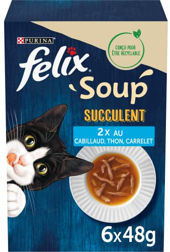 FELIX | Suckulentsoppa | vuxen katt | Soppa med känsliga fiskskivor: med torsk, tonfisk, karrelet | soppa i färska påsar | 8-pack (6 x 48 g)