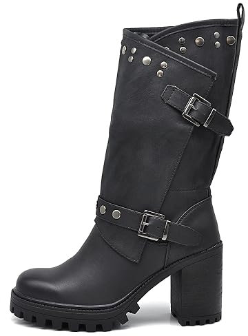 IF FASHION Stivaletti Tronchetti Da Donna Con Tacco Grosso Plateau Borchie Pelle Sintetica G673 nero N.38