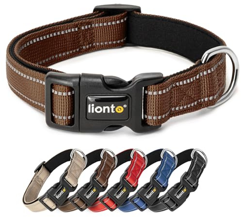 lionto Hundehalsband aus strapazierfähigem Nylon, Größe L, weiches gepolstertes Halsband für Hunde, 360° reflektierend & Klickverschluss, Metallring & Anpassung durch stufenlosen Schieber, braun