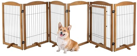 Dog Gate - Foldable Indoor Pet Fence with Support Feet and Lockable - 133x32in Extra Wide Freestanding Panel for Stairs or Doorways by PETMAKER (Natural)