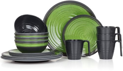 Vaisselle de camping en mélamine pour 4 personnes Vert pierre + 4 tasses à café en pierre Vaisselle de table pique-nique BBQ Batterie de cuisine