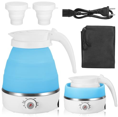 Kssvzz 0.6L Hervidor Agua Portatil, 600W Pequeño Hervidor de Agua Silicona con Regulador de 5 Temperatura, Tetera Electrica Plegable para Viaje con Acero Inoxidable Base y 2 Tazas Plegables, Azul