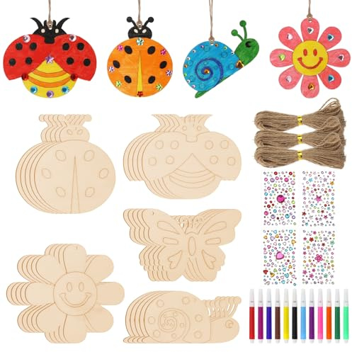 FINEASY 49 Pièces Kit de Bricolage pour Enfants, Kit de Bricolage en Bois pour Enfants avec Crayons Aquarelle & Autocollants, Bricolage en Bois pour DIY, Anniversaire Enfant, Décoration Peinture
