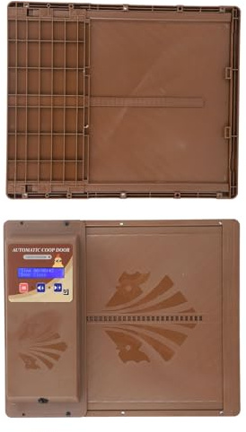 Automatic Chicken Coop Door Opener, Programmable Light Sensing Timer Remote Control Battery or USB Powered Horizontal Opening Door for Poultry Coop Brown Plastic 34.5 x 29cm