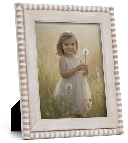 Afuly 8x10 Farmhouse Picture Frame Boho White Beads Photo Frame Wooden Distressed Wall Hanging Desk Standing Decor Artwork Personalized Birthday Gifts for Family, Couple, Friends