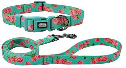 Olahibi Hundehalsband und Leinen-Set, Blumenmuster, Polyester-Material, 150 cm passende Leine, für mittelgroße Hunde (M, Grüne Rose)