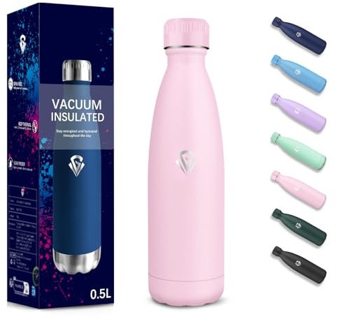 Gourde, 500 ml Sans BPA, Gourde Isotherme, Isolation Sous Vide à Double Paroi, Bouteille Isotherme, 304 Acier Inoxydable, Gourde Acier Inoxydable pour École, Voyage, Marcher, Yoga, Jogging - Rose