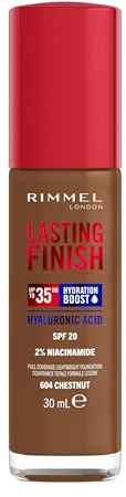 Rimmel London Lasting Finish 35 Hour Foundation, langanhaltend, feuchtigkeitsspendend, vegane Formel, vollständige Abdeckung, 30 ml, 604 Chestnut