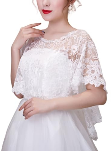 Hybursky Women Embroidered Lace Shawl Wrap Elegant Evening Dress Cape Bridal Shoulder Cover Up Scarf Floral Lace Trim Wedding Capelet Prom Party Bolero Shrug Summer Sun Protection Shawls (White)