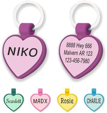 Targhetta in Silicone Personalizzabile | Etichetta Identificativa per Cani e Gatti | Personalizzabile con Nome e Telefono | Leggibilità Permanente e Zero Rumore | Cuore