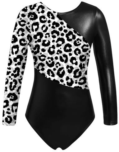 KHASCBNF Gymnastik trikåer för flickor flickor glänsande gymnastisk trikåer balett bodysuit nät långärmad nyckelhål rygg metallisk kontrast figur skridskoåkning overall (svart, 10)