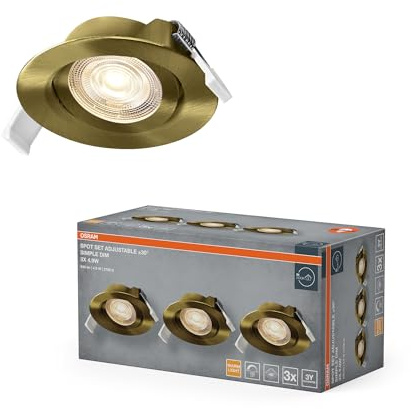 OSRAM Spot Set LED infälld spotlight Simple DIM, 4,9W 827 mässing, set med 3 dimbara väggströmbrytare, varmvit 2700K