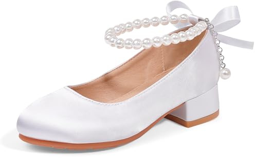 KDVOG Girls Dress Shoes Toddler Heels Pumps Decorative Pearls Ankle Strap Flower Girl Little Big Kids Mary Jane School Wedding Party Princess Shoes(White Satin,Big Kid 4)