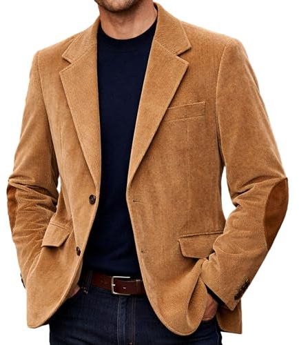 DRCUIVS Men’s Corduroy Blazer Notch Lapel Elbow Patch Single Breasted Business Casual Suit Jacket Holiday Dinner Christmas Party Sport Coat Brown Large